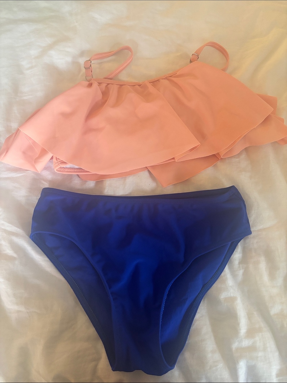 Peach Ruffle Bikini Top & Royal Blue Bottoms Two-Piece Swim Set